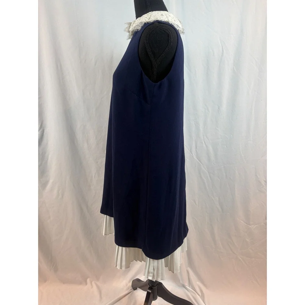 Nanette Lepore Navy Blue Shift Dress Lace Collar Pleated Hem Sleeveless Size 6 - Picture 8 of 14